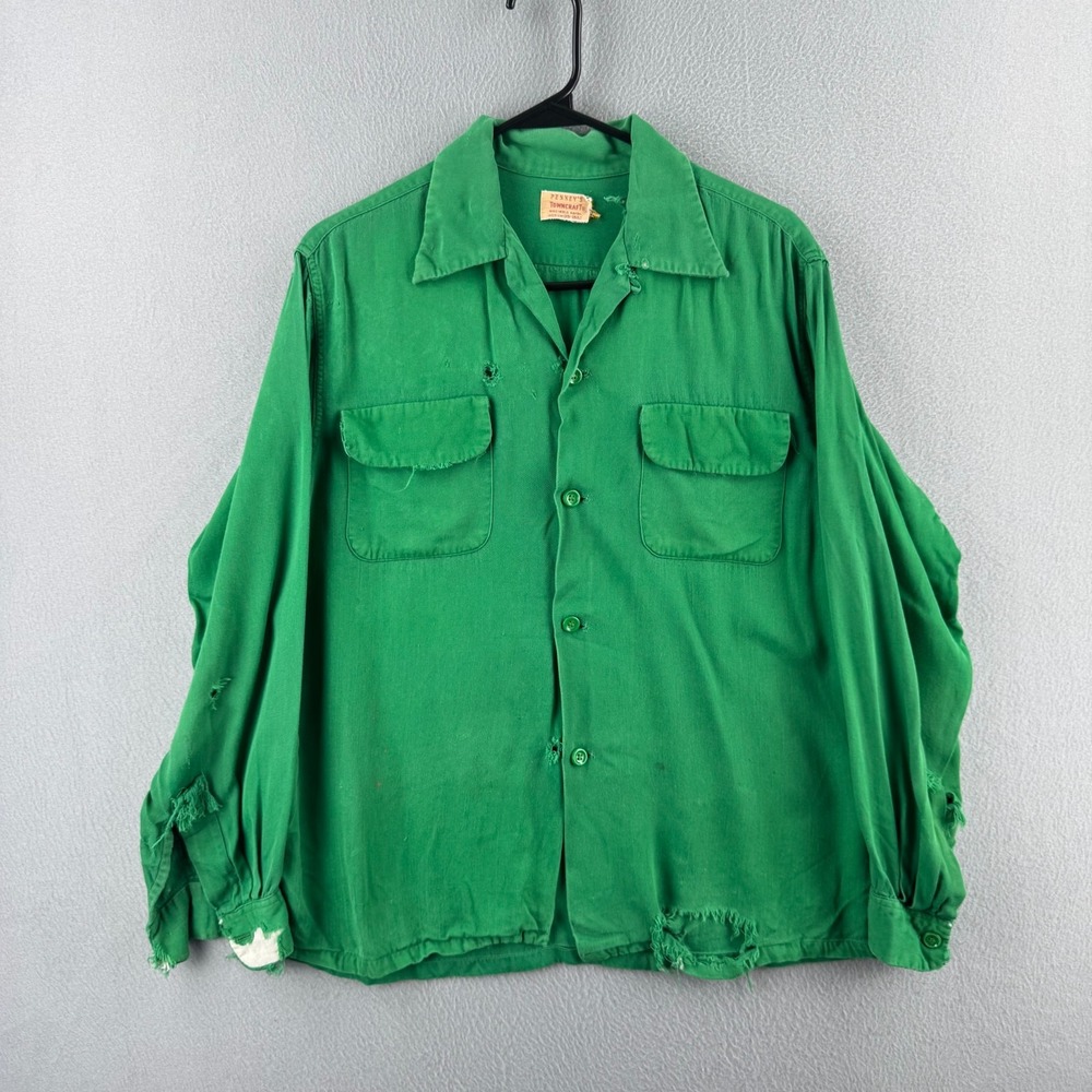 Vintage 50s Penneys Shirt Mens Medium Green Rayon Gab Loop Collar Long Sleeve